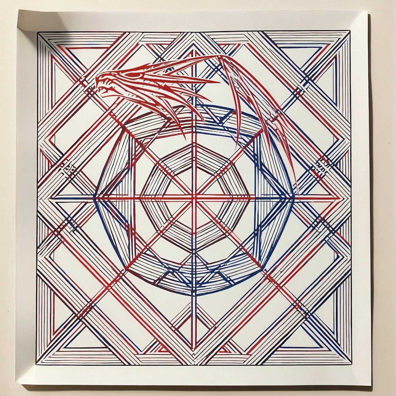 A dragon drawn as one continuous geometry of red and blue folded lines on a white paper panel, like an unfolded origami crease pattern.