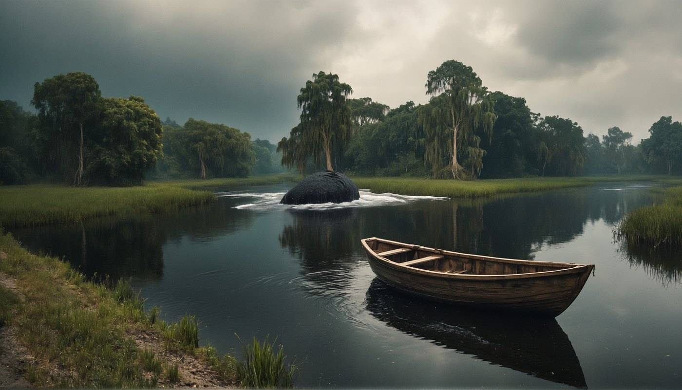 A wooden rowing boat sits at the edge of still swamp water opposite a low wooded island under heavy cloud.