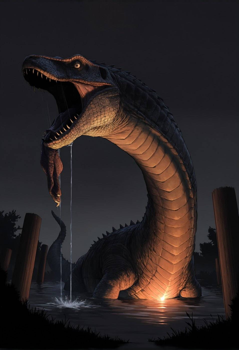 A huge crocodilian dragon rears from black water at night, jaws open and water streaming from them, wooden pilings around it.