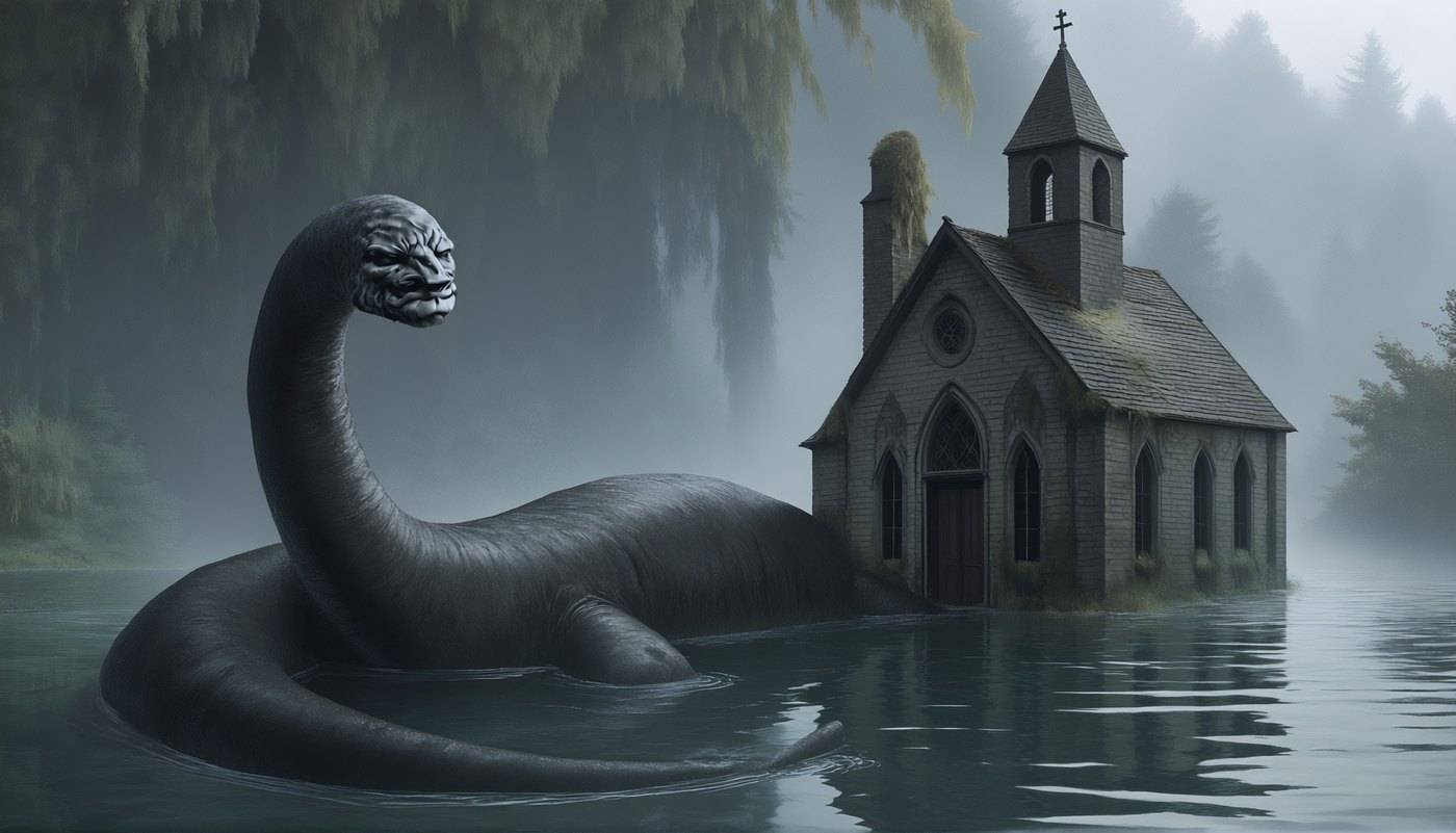 A long-necked grey serpent rises from flat still water beside a half-drowned stone chapel in heavy fog.
