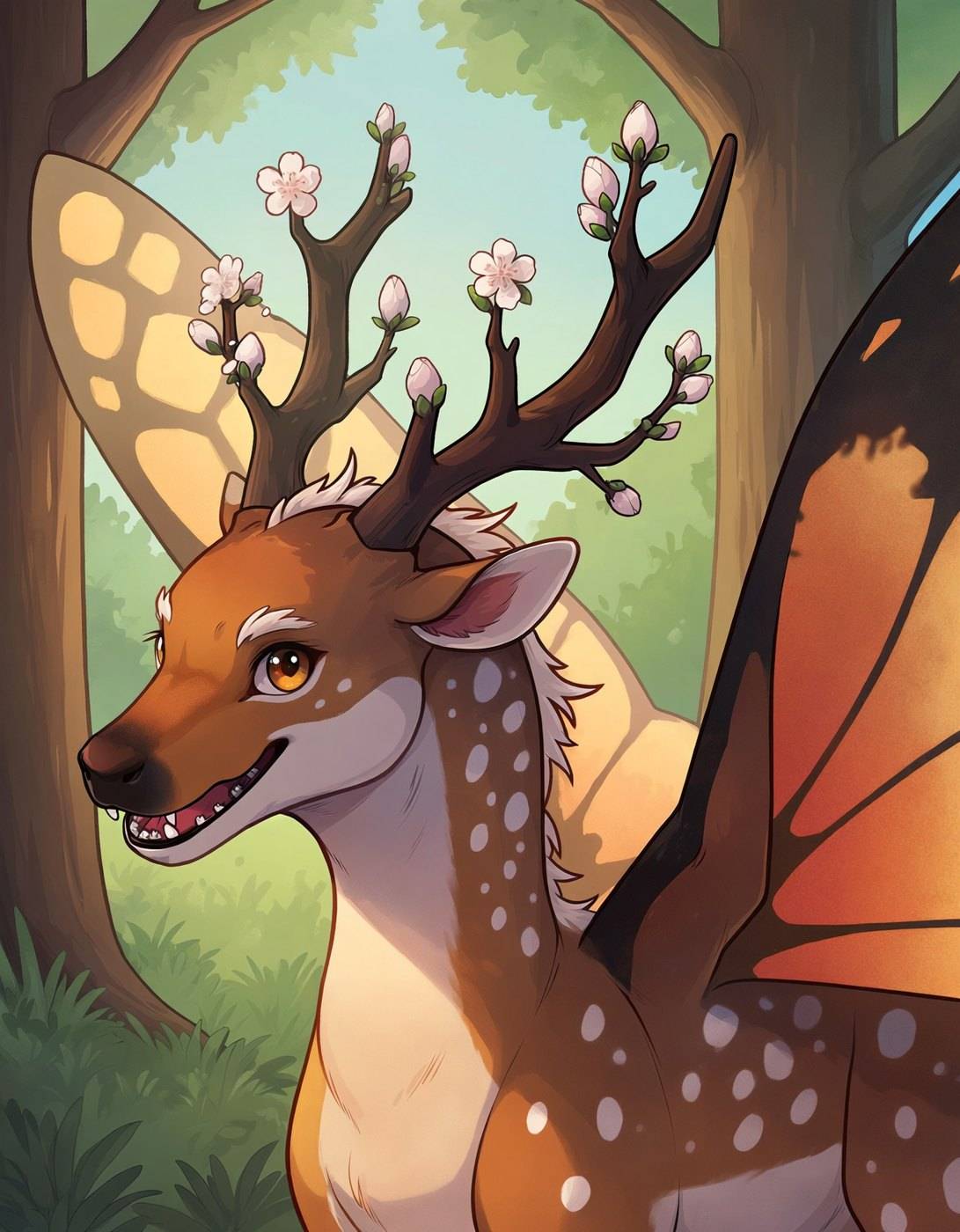 A spotted deer-dragon with blossom growing along its antlers and wide butterfly wings looks back over its shoulder.