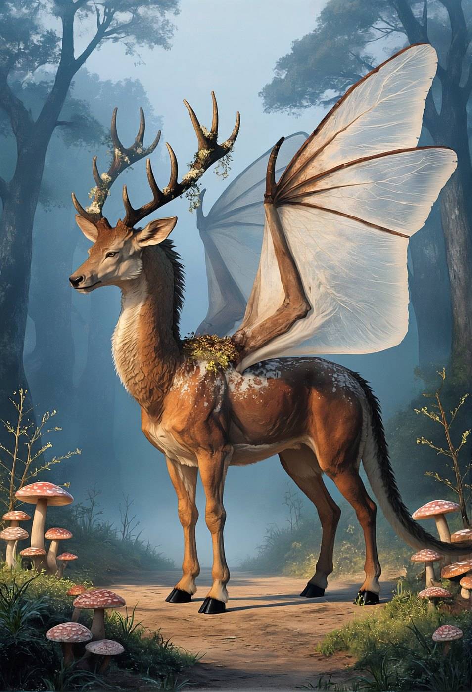 A fawn-like dragon with branching antlers and pale moth wings stands in a clearing among red toadstools.