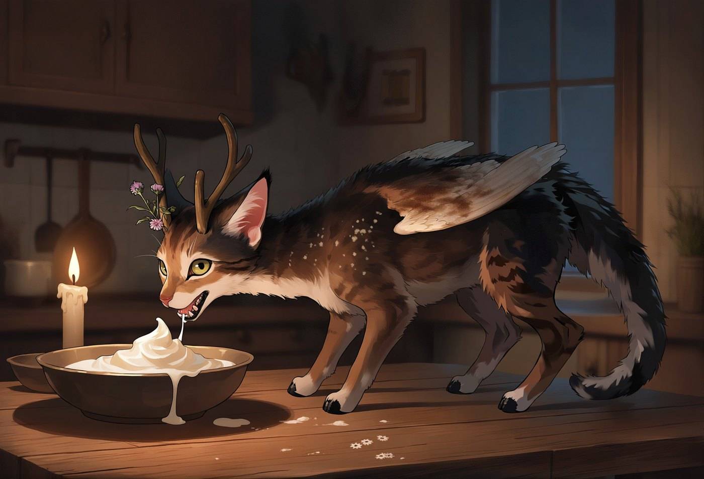 A small antlered deer-dragon laps from a shallow bowl of milk on a wooden floor beside a lit candle.