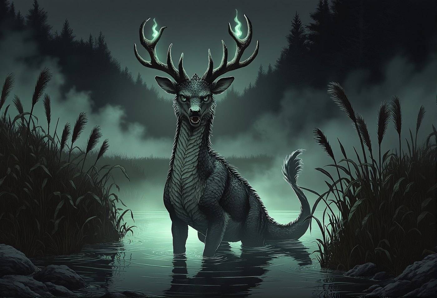 A dark stag-dragon with pale glowing antler tips stands in shallow green water among tall reeds and mist.