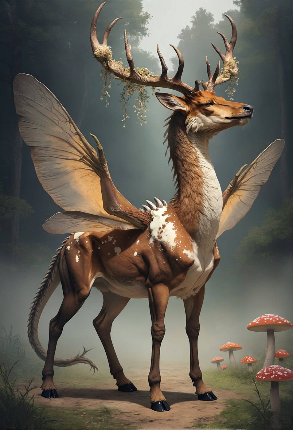 A deer-dragon with wide branching antlers and translucent wings stands over a patch of pink mushrooms.