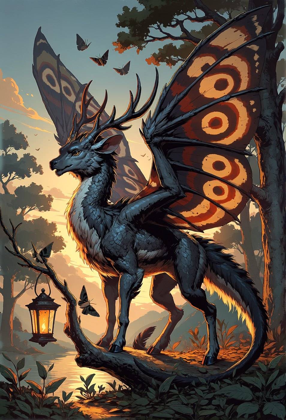 A dark dragon with wide patterned moth wings stands beside a hanging lantern in a golden dusk clearing.