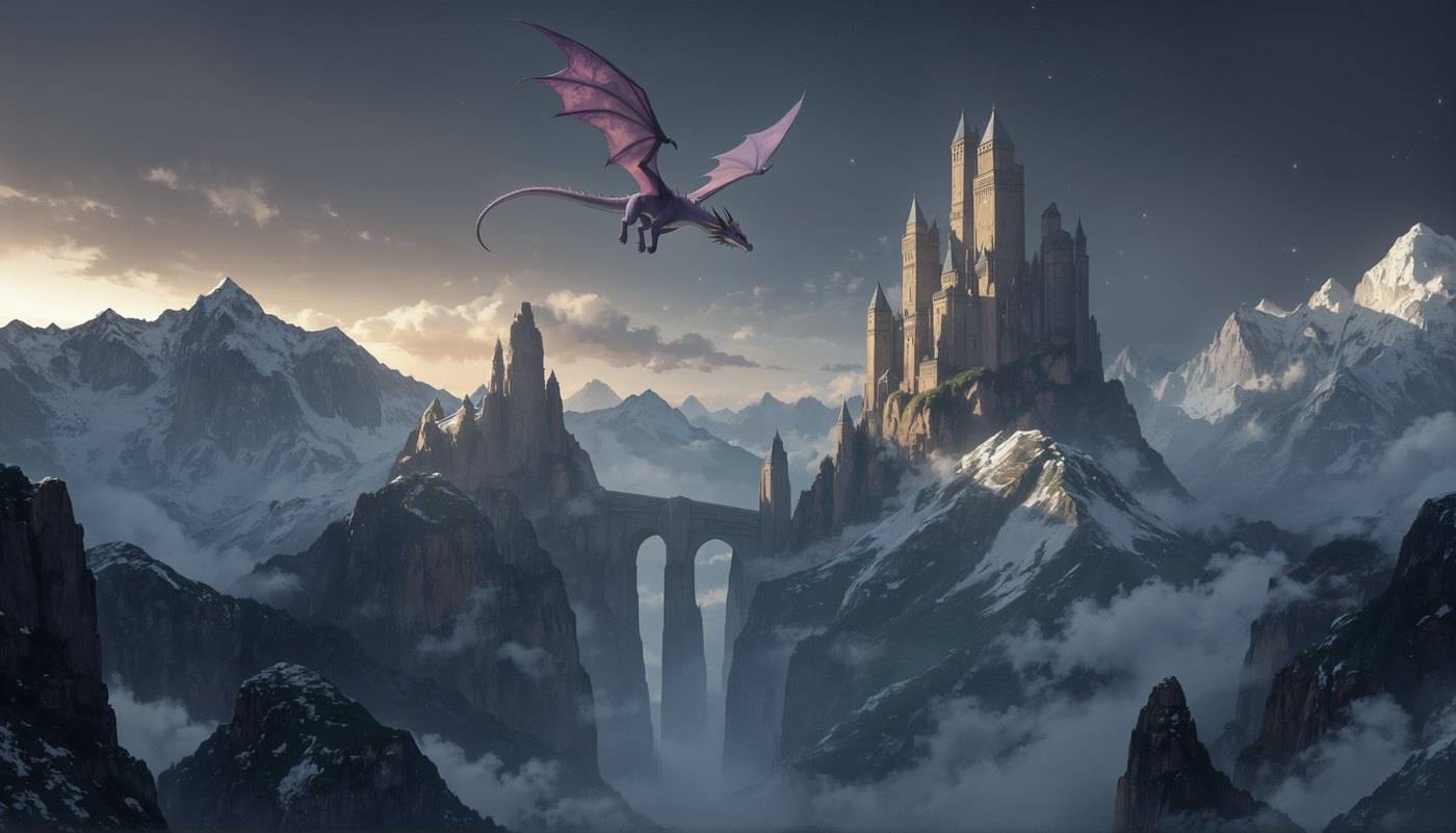 A palace of white spires rises out of snowbound mountains above the cloud line, one small pink dragon in flight beside it.