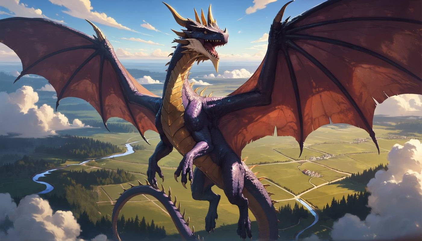 A crowned dragon with red-lined wings perches on a height above a green patchwork of fields and rivers.