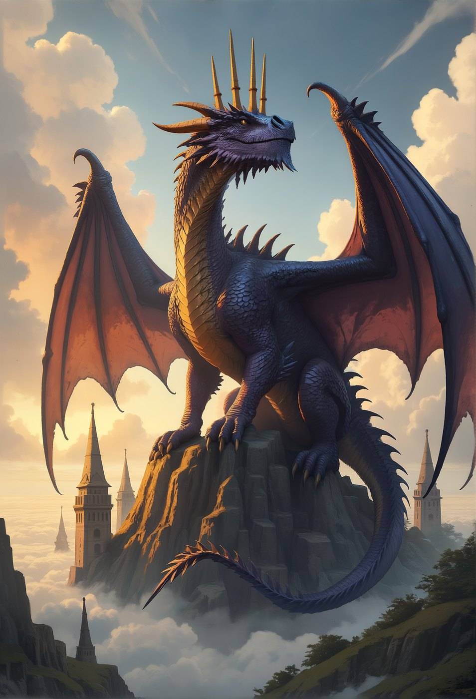 A purple dragon wearing a gold spiked crown stands on a rock outcrop above the clouds, castle spires rising below it.