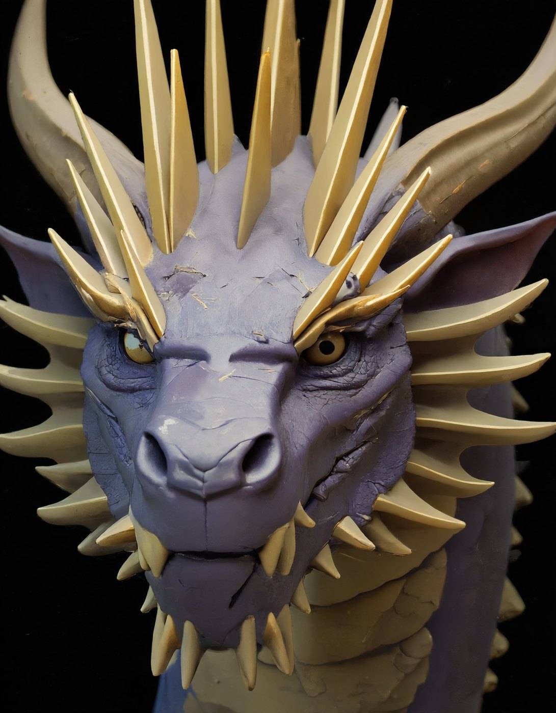 Head-on portrait of a pale violet dragon crowned in a radiating fan of gold spines, staring straight out of the frame.