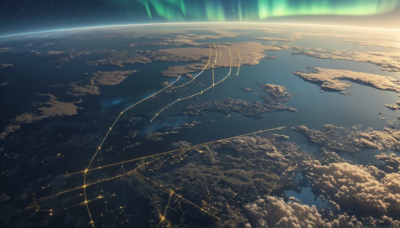 A view from orbit of a continent at night with the coil of a serpent traced across it in city lights.