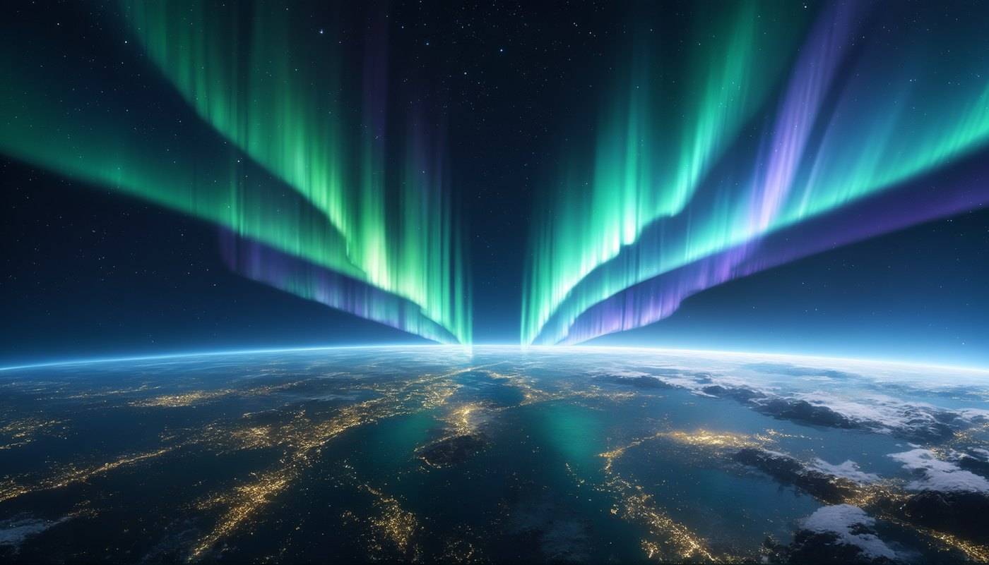 Green and violet aurora bands curve over the edge of the Earth seen from orbit, city lights below.
