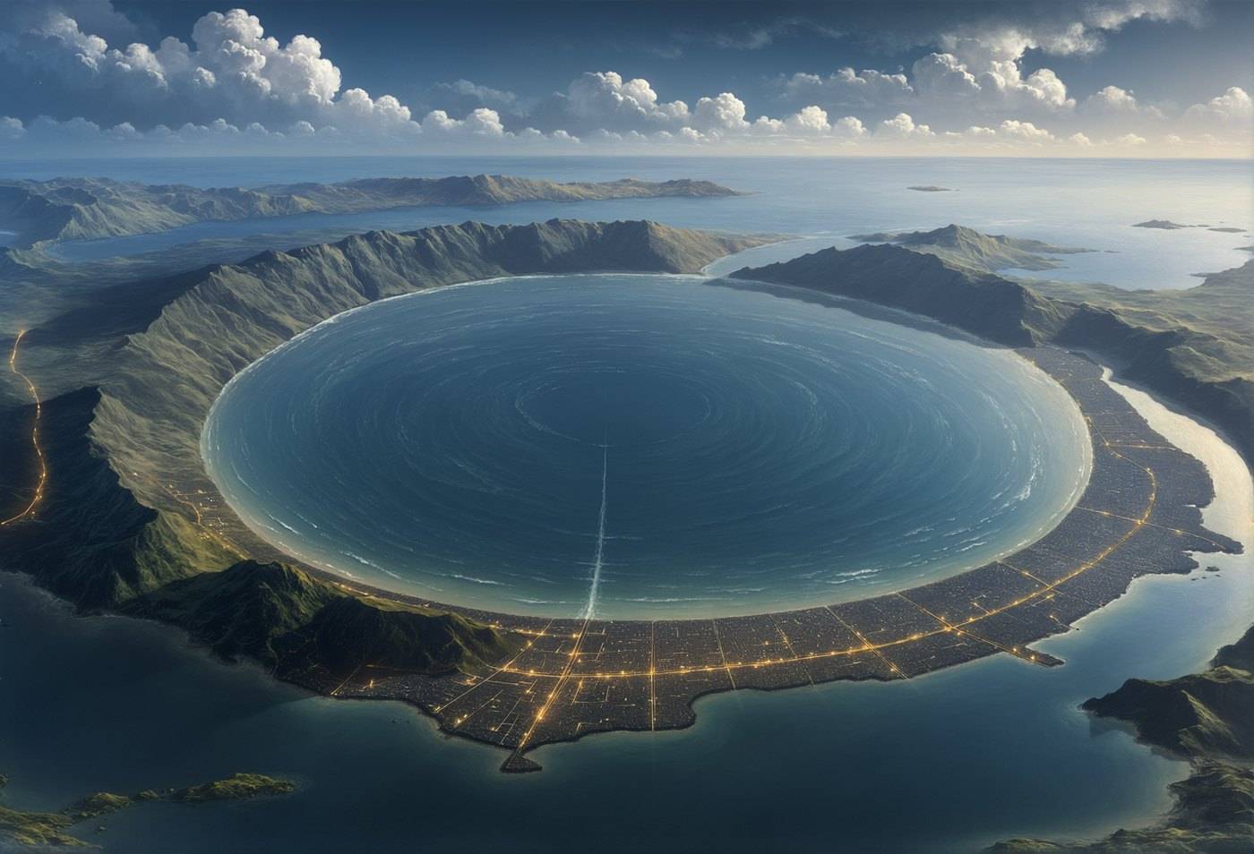 A ring-shaped island atoll coiled like a sleeping serpent, seen from high above with a lagoon at its centre.