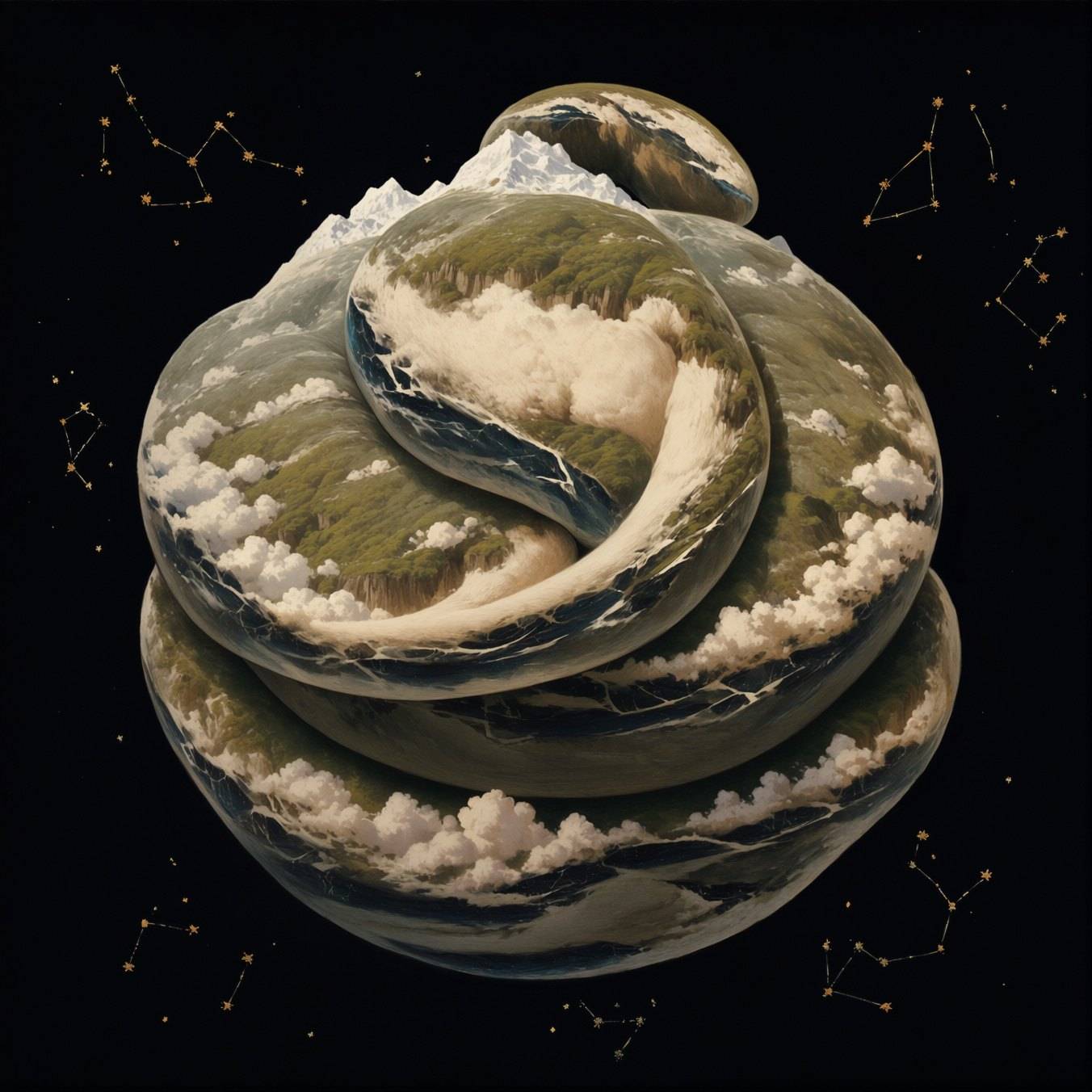 A serpent whose body is continents, sea and cloud coils around itself into the shape of a planet, ringed by faint constellations.