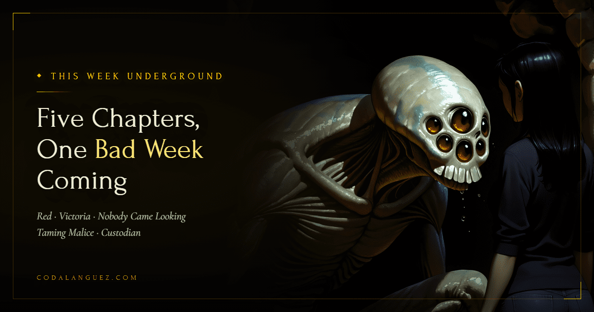 A tall, pale, many-eyed creature crouches low in a curved stone tunnel, its lit face lowered toward a dark-haired woman standing calmly beside it. Social card for Coda Languez's weekly chapter roundup.